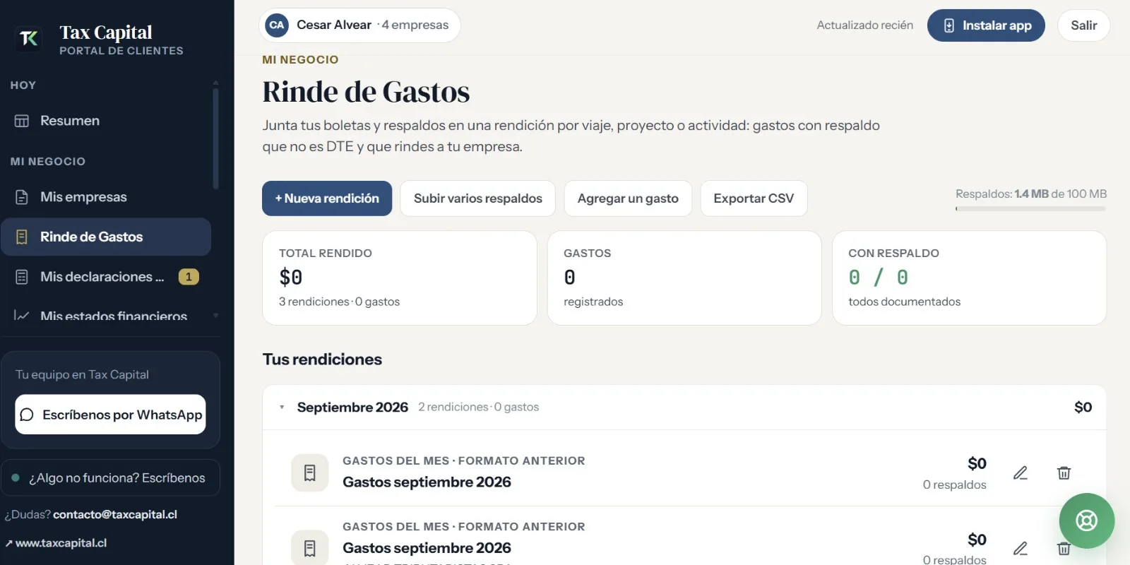 Vista de escritorio de Rinde de Gastos en el Portal Clientes